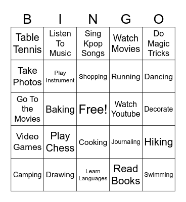 Hobbies Bingo Card