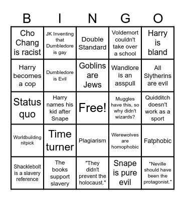 Awful Harry Potter Criticism Bingo Card