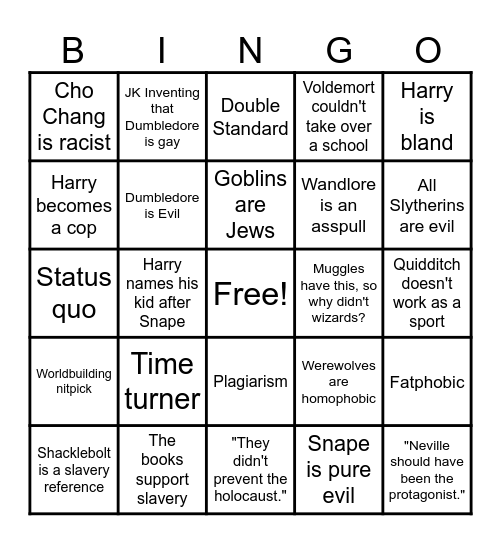 Awful Harry Potter Criticism Bingo Card