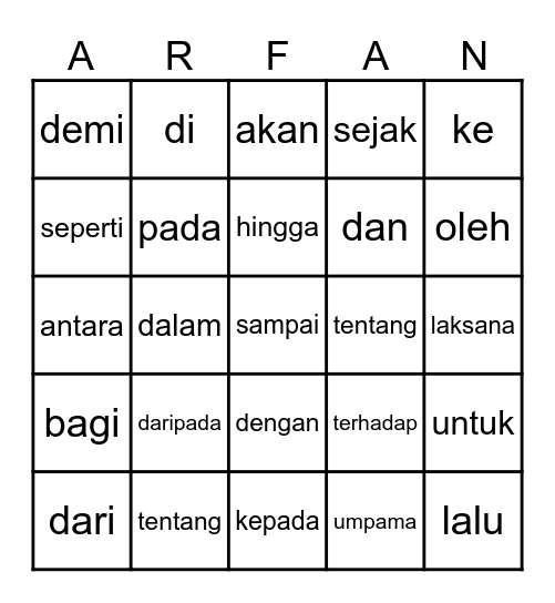 KATA TUGAS (KATA SENDI NAMA) Bingo Card