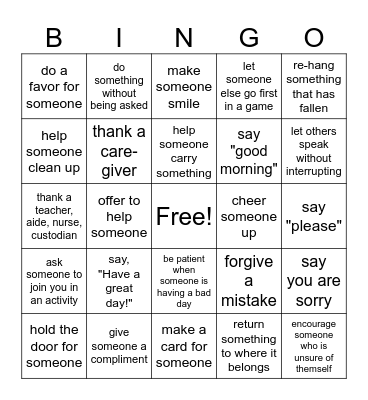 Acts of Kindness Bingo Card