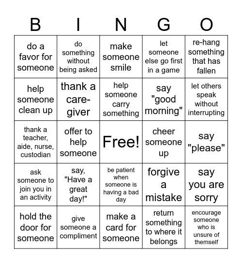 Acts of Kindness Bingo Card