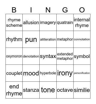 Poetic Terms Bingo Card