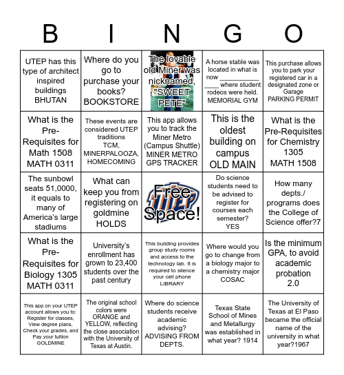 UTEP Facts and College of Science Bingo Card