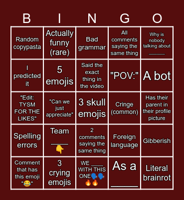 yt comments Bingo Card