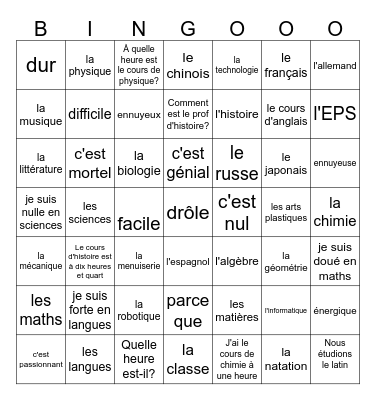 Les matières Bingo Card