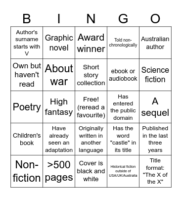Reading Bingo 2024 Bingo Card