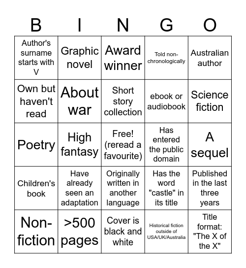 Reading Bingo 2024 Bingo Card