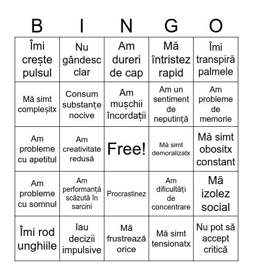 Comportamente la stres Bingo Card