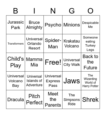 Universal Studios Bingo Card