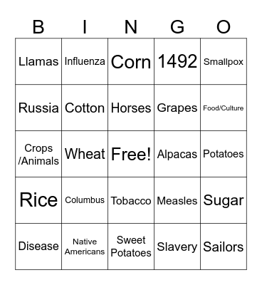 Columbian Exchange Bingo Card