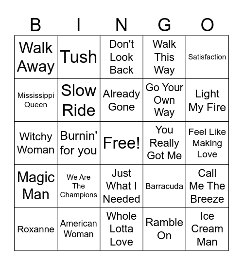 Classic Rock Bingo Card