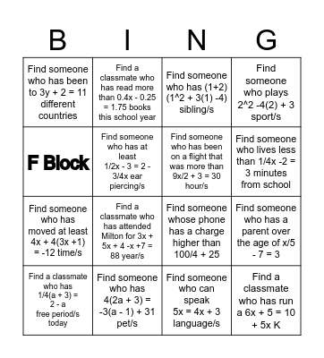 F Block Math Bingo Card