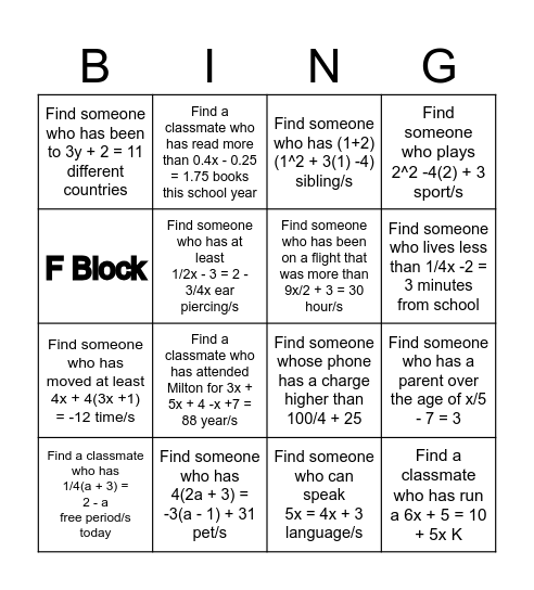 F Block Math Bingo Card