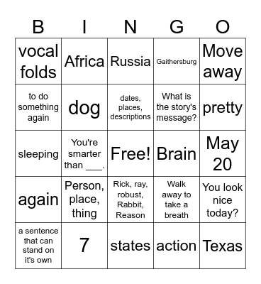 Speech Bingo Card