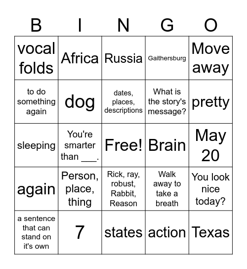 Speech Bingo Card