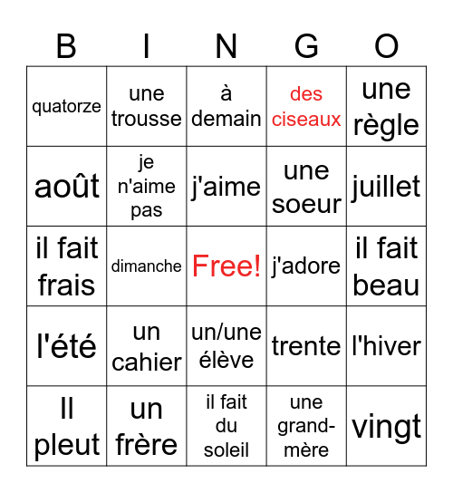 Je parle français Bingo Card