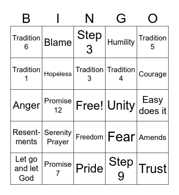 Alcoholics Anonymous Bingo Card