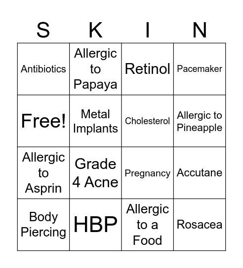 Contraindications Bingo Card