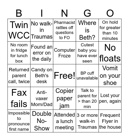 No-Show Bingo Card