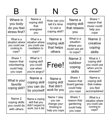 Coping Skills Bingo Card