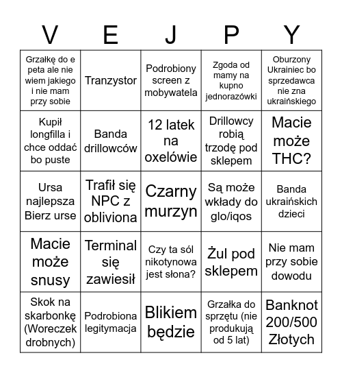 Vape Shop Bingo Card