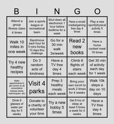 Healthy You Bingo Challenge! 8 weeks Bingo Card