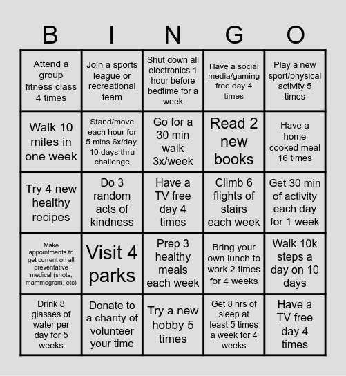 Healthy You Bingo Challenge! 8 weeks Bingo Card