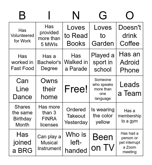 Networking Bingo Card