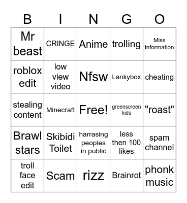 youtube shorts Bingo Card