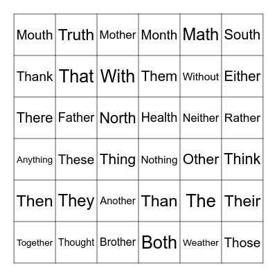 Th Words Bingo Card