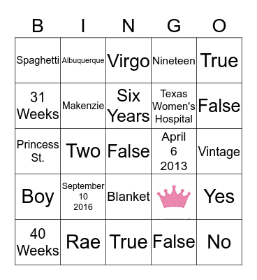 Princess Cisneros Bingo Card