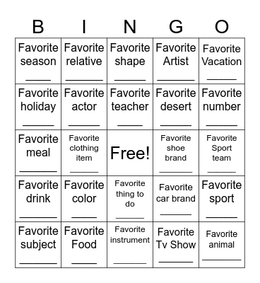 My Favorite Things Bingo Card