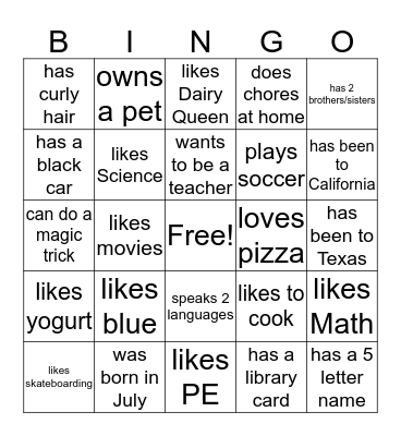 Getting to know you Bingo Card