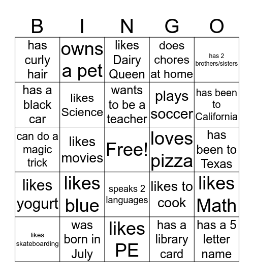 Getting to know you Bingo Card