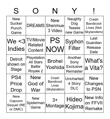 Sony time Bingo Card