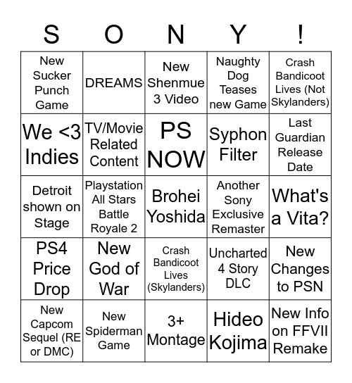 Sony time Bingo Card