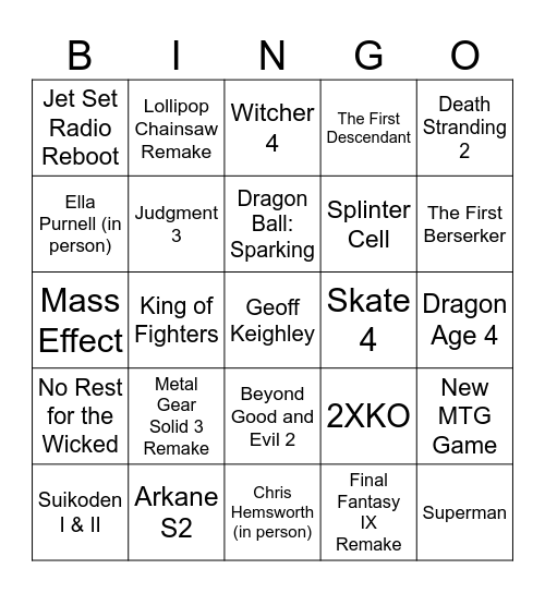 Summer Games Fest Bingo Card