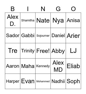 4th Period Bingo Card