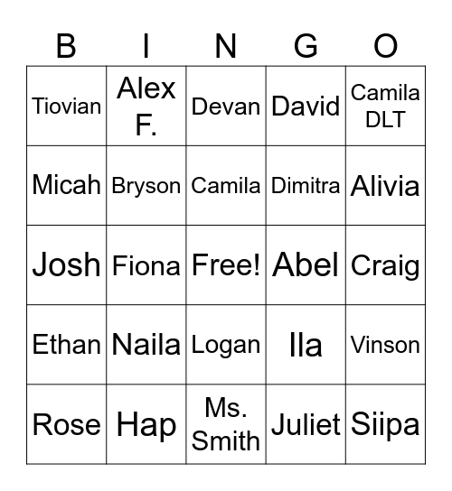 5th Period Bingo Card