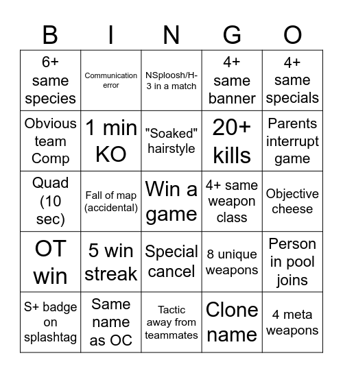 Anarchy Bingo (Splatoon) Bingo Card