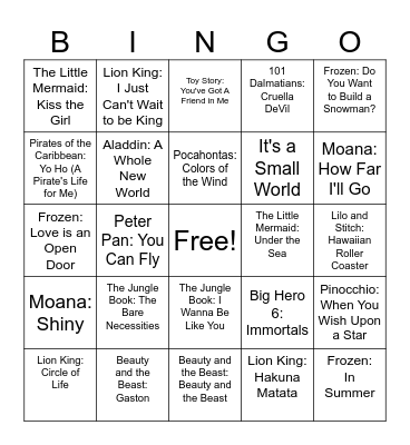 Disney Songs Bingo Card