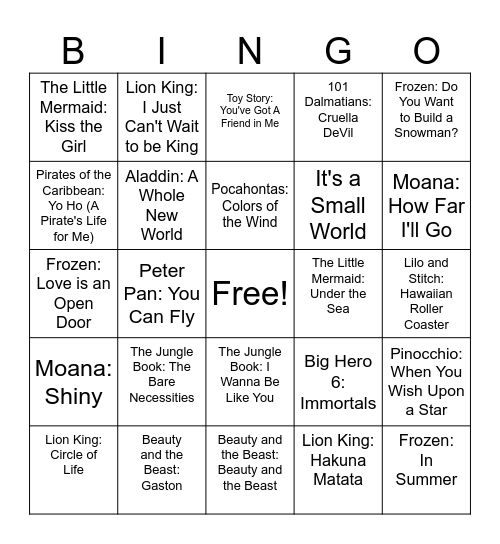 Disney Songs Bingo Card