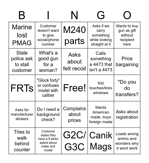 Gun Store Bingo Card