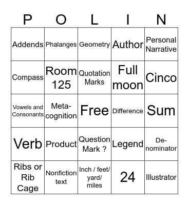 4th Grade BINGO Card