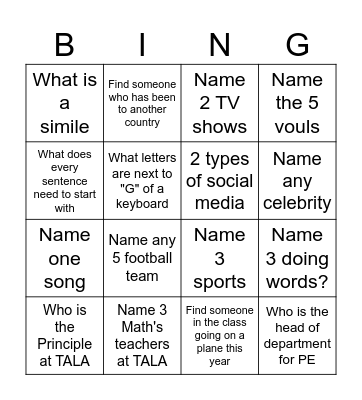 Handwriting Bingp Bingo Card