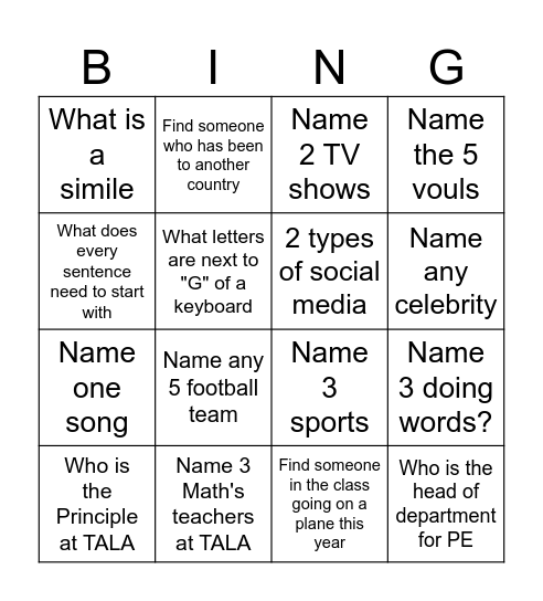 Handwriting Bingp Bingo Card