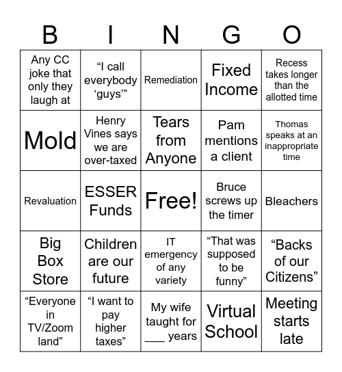 Public Hearing Bingo Card