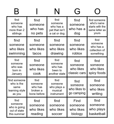 Find someone who....... Bingo Card