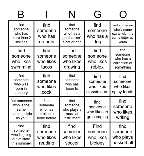 Find someone who....... Bingo Card